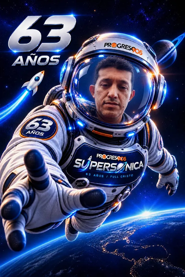 Oyente 1 de Progreso 90.5 con traje de astronauta, campaña 63 años