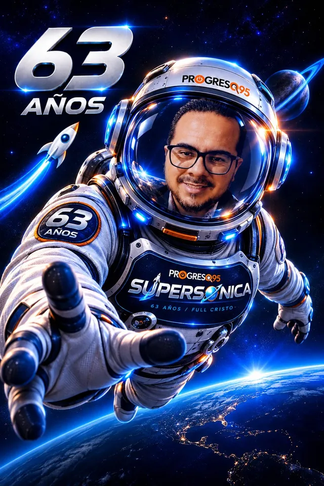 Oyente 2 de Progreso 90.5 con traje de astronauta, campaña 63 años