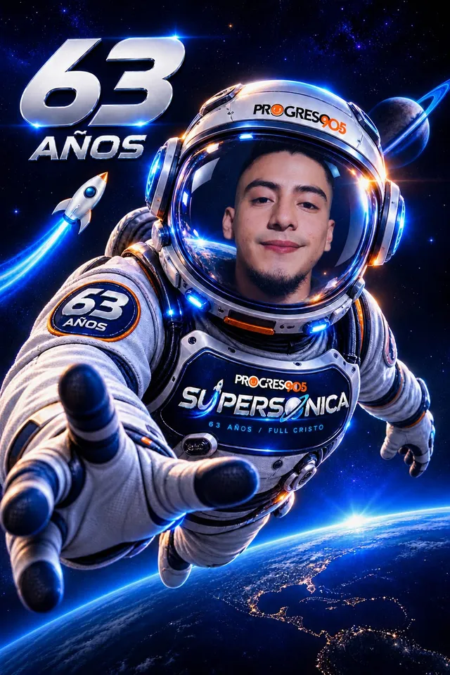 Oyente 3 de Progreso 90.5 con traje de astronauta, campaña 63 años