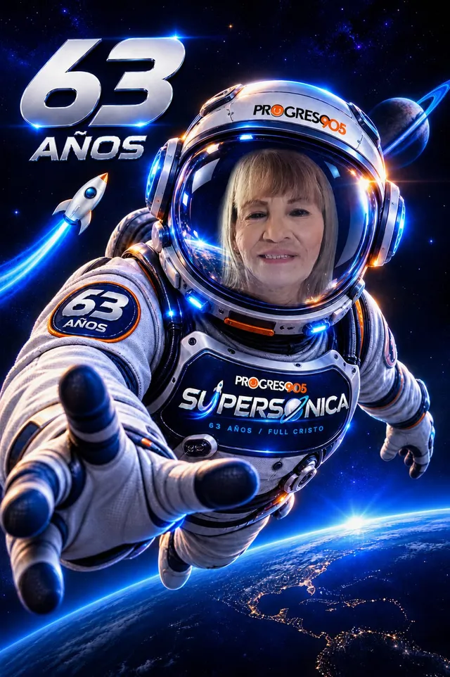Oyente 4 de Progreso 90.5 con traje de astronauta, campaña 63 años